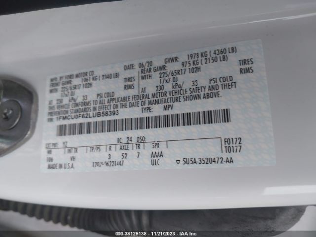 2020 FORD ESCAPE 1FMCU0F62LUB58393 Photo 8