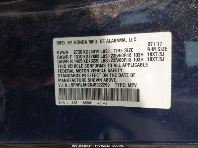 5FNRL6H26JB022269 Honda ODYSSEY LX