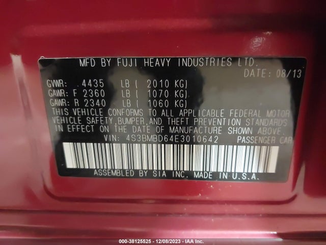 2014 SUBARU LEGACY 2.5I PREMIUM VIN: 4S3BMBD64E3010642