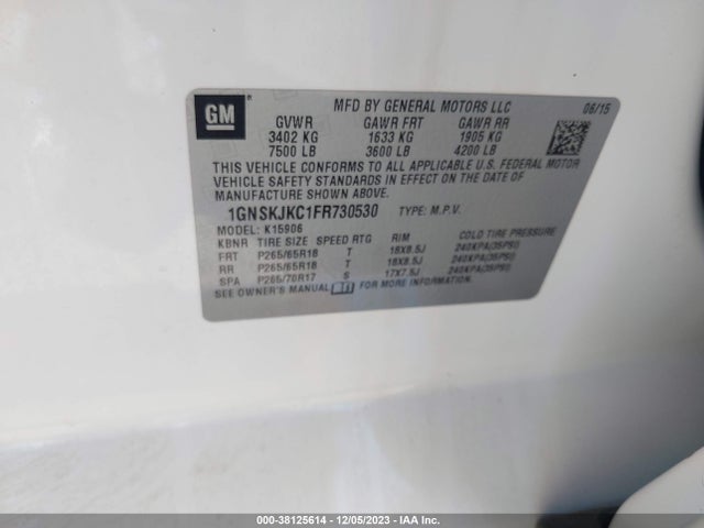 Chevrolet Suburban Lt 2015 1GNSKJKC1FR730530 Image 9