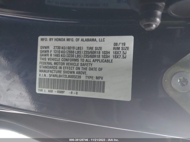 5FNRL6H72LB005239 Honda Odyssey