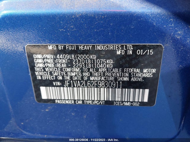 2015 SUBARU WRX STI VIN: JF1VA2L62F9830911