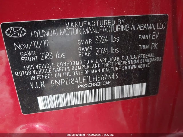 2020 HYUNDAI ELANTRA SEL VIN: 5NPD84LF1LH567343