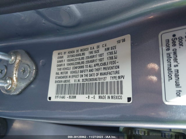 2009 HONDA CR-V LX VIN: 3CZRE38359G701127