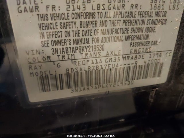 2019 NISSAN SENTRA S VIN: 3N1AB7AP6KY219530