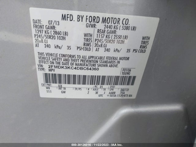 2013 FORD EDGE LIMITED VIN: 2FMDK3KC4DBC64360