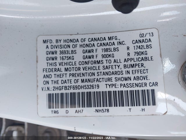 2013 HONDA CIVIC HF VIN: 2HGFB2F69DH532619