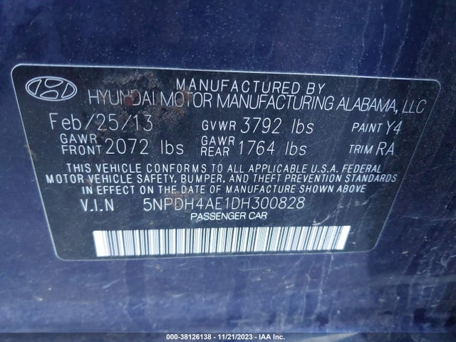 2013 HYUNDAI ELANTRA GLS PZEV VIN: 5NPDH4AE1DH300828