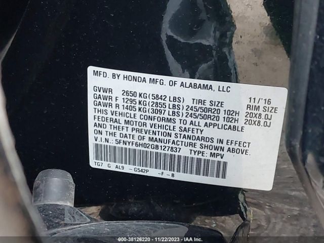 5FNYF6H02GB127837 Honda Pilot Elite