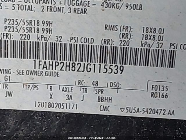 1FAHP2H82JG115539 Ford TAURUS SEL