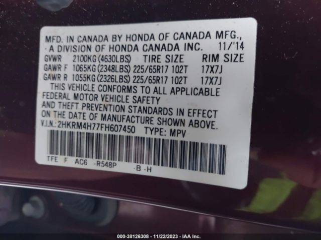 2HKRM4H77FH607450 Honda Cr-v Ex-l