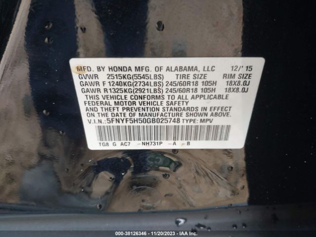 5FNYF5H50GB025748 Honda Pilot Ex-l