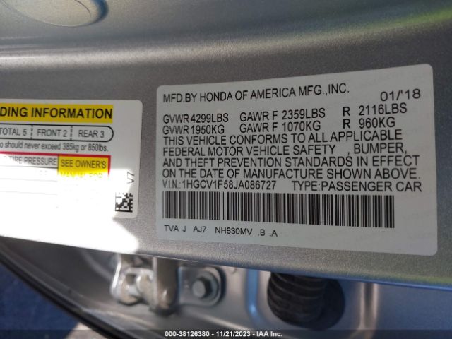 1HGCV1F58JA086727 Honda Accord Ex-l