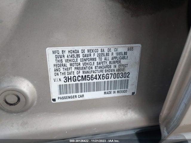 2006 HONDA ACCORD 2.4 LX VIN: 3HGCM564X6G700302