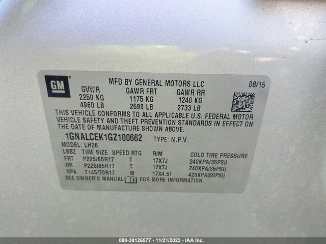 Chevrolet EQUINOX LT 2016 1GNALCEK1GZ100662 Image 9