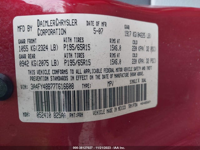 2007 CHRYSLER PT CRUISER VIN: 3A4FY48B77T616608