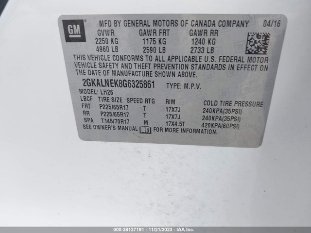 2016 GMC TERRAIN SLE-2 VIN: 2GKALNEK8G6325861