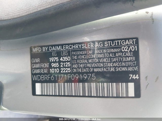 2001 MERCEDES-BENZ C CLASS VIN: WDBRF61J71F091975