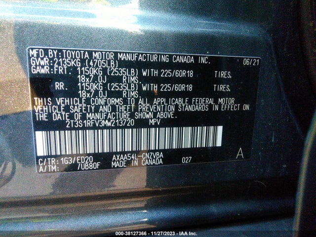 2021 TOYOTA RAV4 TRD OFF ROAD VIN: 2T3S1RFV3MW213720