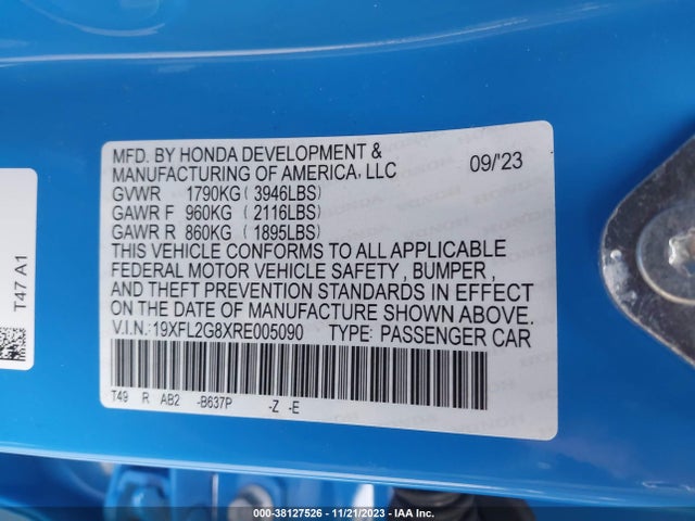 2024 HONDA CIVIC SPORT VIN: 19XFL2G8XRE005090