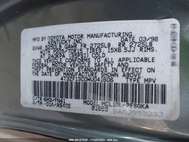 1998 TOYOTA SIENNA LE VIN: 4T3ZF13C0WU041606