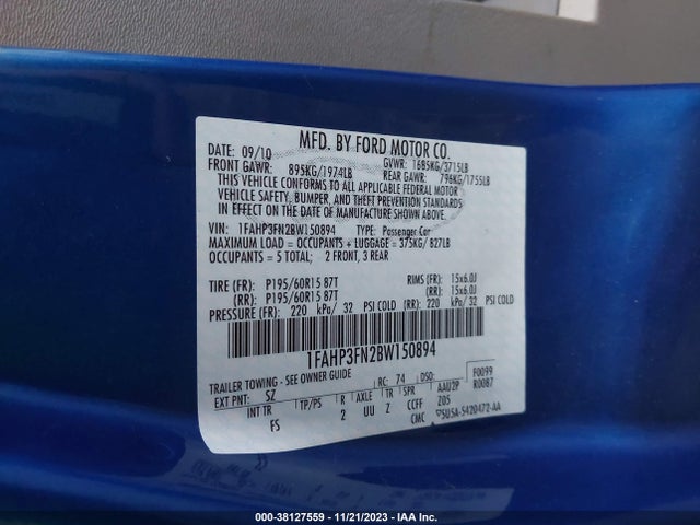 2011 FORD FOCUS SE VIN: 1FAHP3FN2BW150894