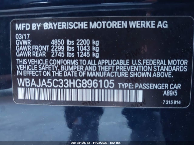 BMW 530I 2017 WBAJA5C33HG896105 Image 9