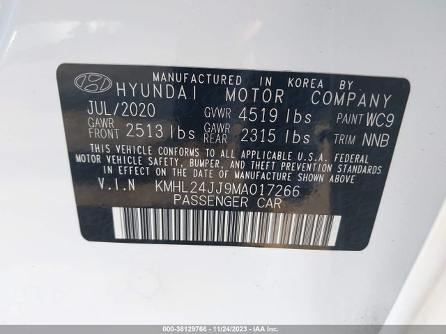 Продажа на аукционе авто 2021 Hyundai Sonata Blue, vin: KMHL24JJ9MA017266, номер лота: 38129766