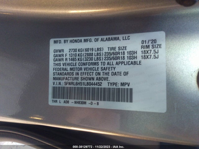 Honda ODYSSEY EX 2020 5FNRL6H51LB044452 Image 9