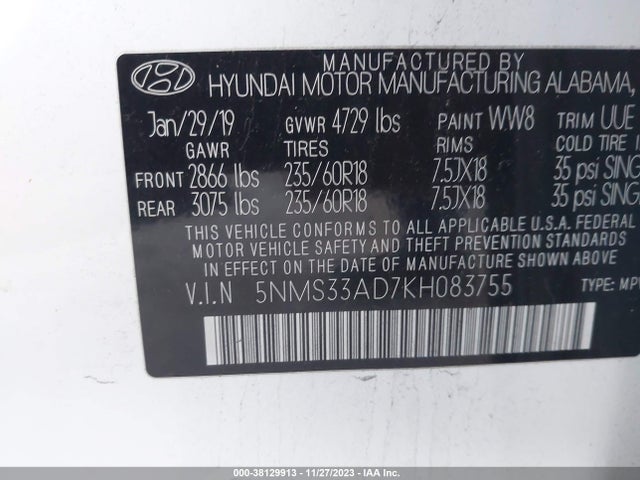 5NMS33AD7KH083755 Hyundai Santa Fe Sel Plus