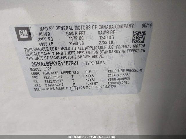 Chevrolet EQUINOX LT 2016 2GNALCEK5G1188155 Image 9