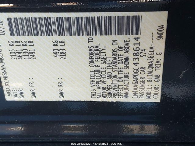 1N4AA6AP0GC438614 Nissan Maxima 3.5 Platinum/3.5 S/3.5 Sl/3.5 Sr/3.5 Sv