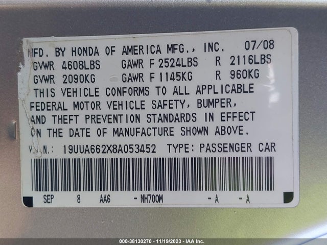 2008 ACURA TL 3.2 VIN: 19UUA662X8A053452