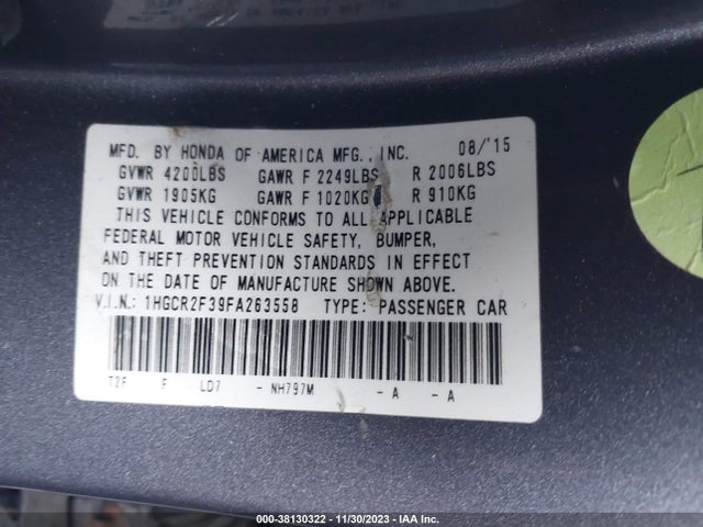 Honda ACCORD LX 2015 1HGCR2F39FA263558 Image 9