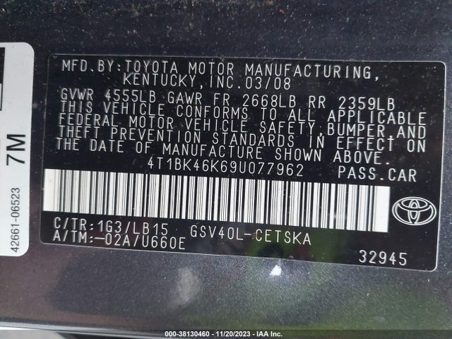 2009 TOYOTA CAMRY SE V6 VIN: 4T1BK46K69U077962