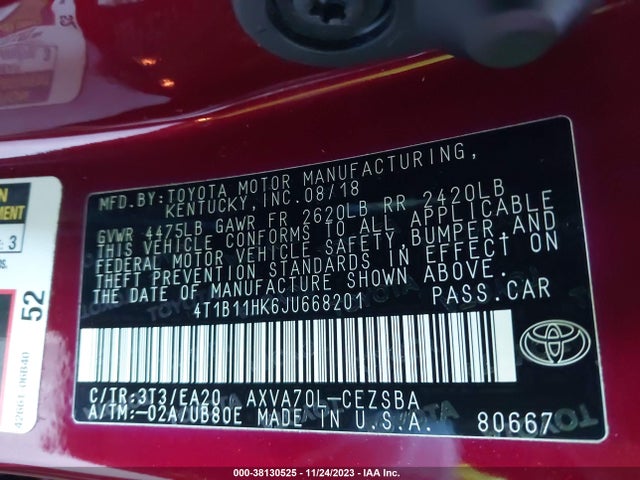 2018 TOYOTA CAMRY SE VIN: 4T1B11HK6JU668201