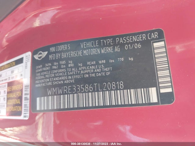 2006 MINI COOPER S WMWRE33586TL20818 Photo 8