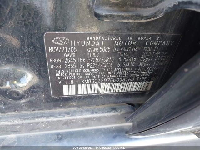 2006 HYUNDAI SANTA FE GLS VIN: KM8SC13D76U098168