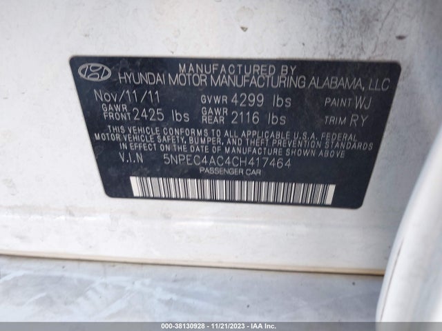 2012 HYUNDAI SONATA LIMITED VIN: 5NPEC4AC4CH417464
