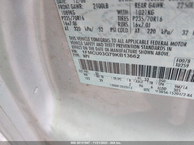 2009 FORD ESCAPE XLT VIN: 1FMCU03G79KB13662