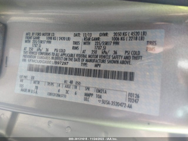 38131615 :رقم المزاد ، 1FMCU0GX0EUB97297 vin ، 2014 Ford Escape Se مزاد بيع
