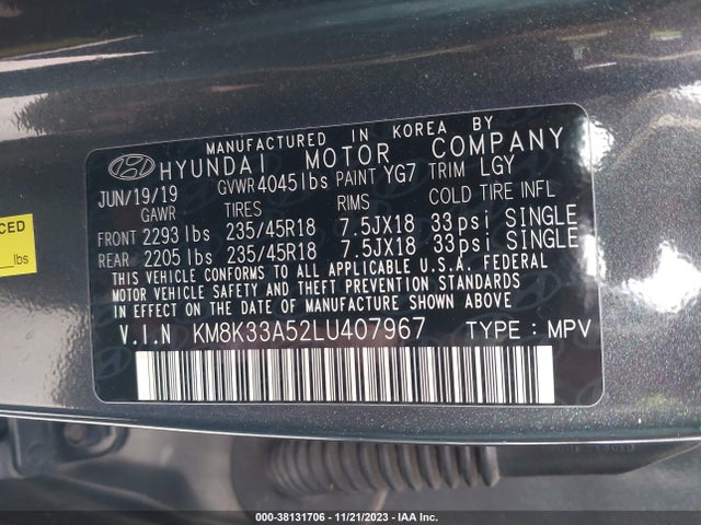 2020 HYUNDAI KONA LIMITED VIN: KM8K33A52LU407967