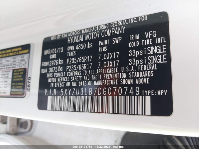 2013 HYUNDAI SANTA FE SPORT VIN: 5XYZU3LB7DG070749