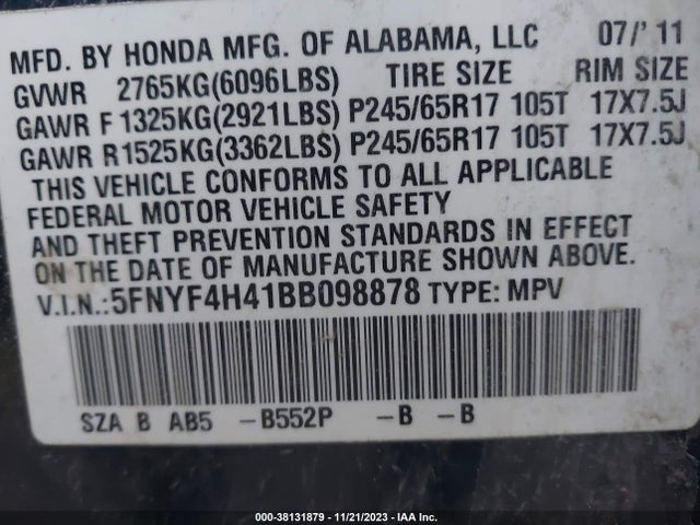 38131879 :رقم المزاد ، 5FNYF4H41BB098878 vin ، 2011 Honda Pilot Ex مزاد بيع