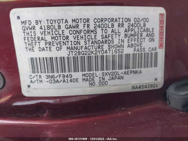 2000 TOYOTA CAMRY LE VIN: JT2BG22K2Y0471652