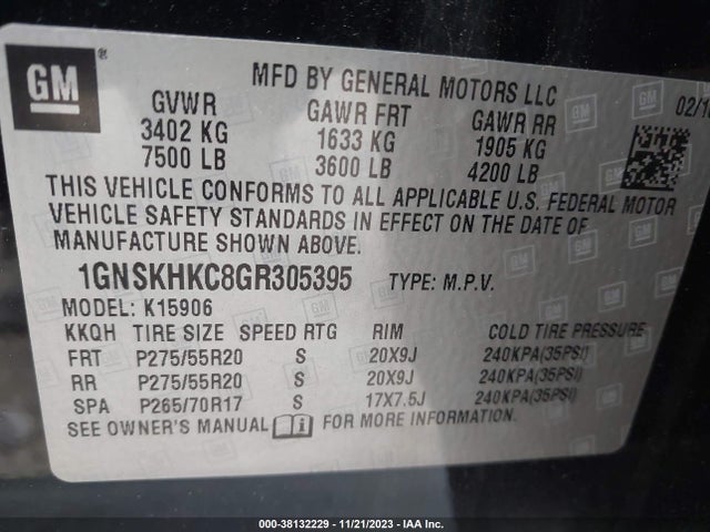 Chevrolet Suburban Lt 2016 1GNSKHKC8GR305395 Image 9