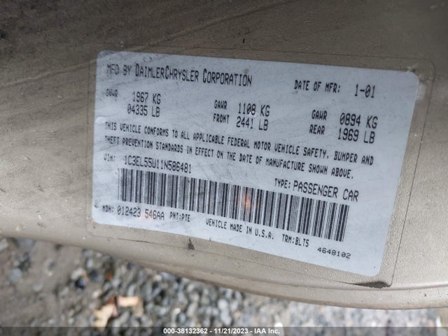 2001 CHRYSLER SEBRING LXI VIN: 1C3EL55U11N586481
