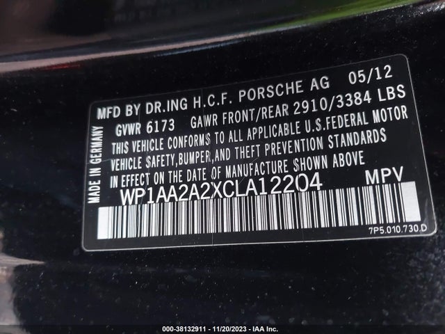 2012 PORSCHE CAYENNE VIN: WP1AA2A2XCLA12204