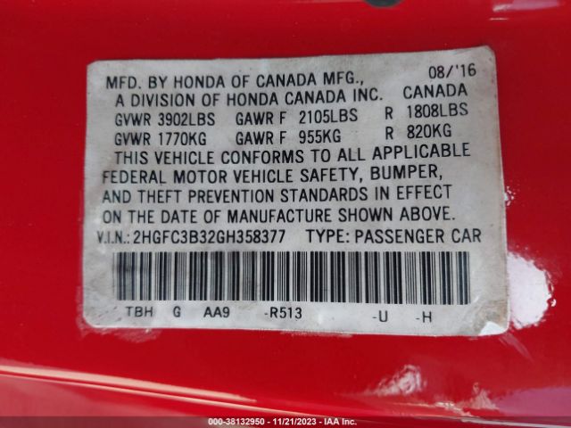 2HGFC3B32GH358377 Honda Civic Ex-t