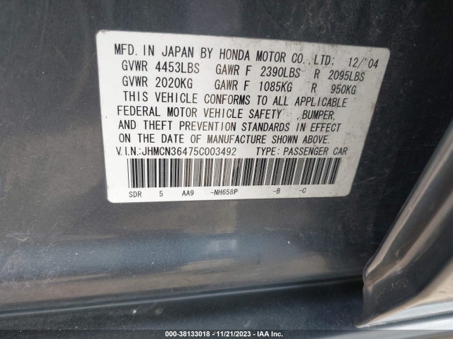 2005 HONDA ACCORD HYBRID IMA VIN: JHMCN36475C003492